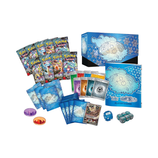 Collectors Pro Shop Caja de Entrenador Élite de Pokémon TCG Stellar Crown en inglés, con 9 sobres, carta promo, fundas, energías y accesorios de juego.