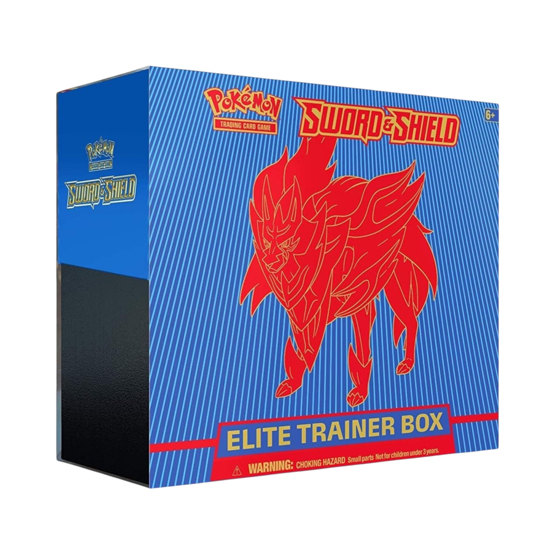 Collectors Pro Shop Pokémon Sword & Shield Elite Trainer Box, con arte de Zamazenta en rojo y azul. Caja de cartas coleccionables.