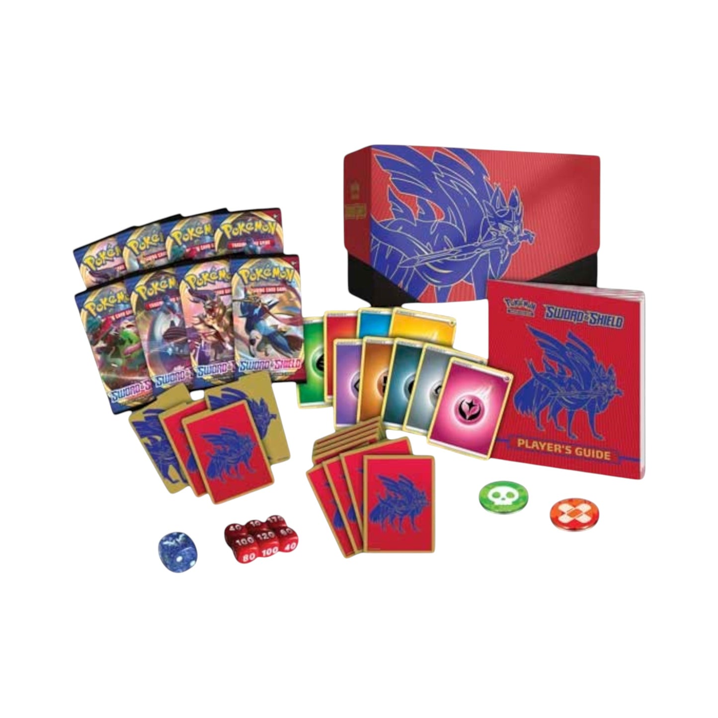 Collectors Pro Shop Caja de Entrenador Élite Pokémon TCG Sword & Shield en inglés, con sobres, fundas, cartas de energía y accesorios de juego.