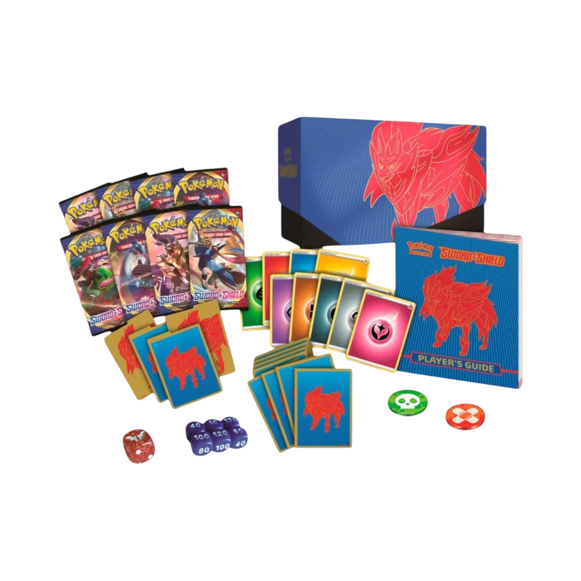 Collectors Pro Shop Caja de Entrenador Élite Pokémon TCG Sword & Shield en inglés, con sobres, fundas, cartas de energía y guía del jugador.