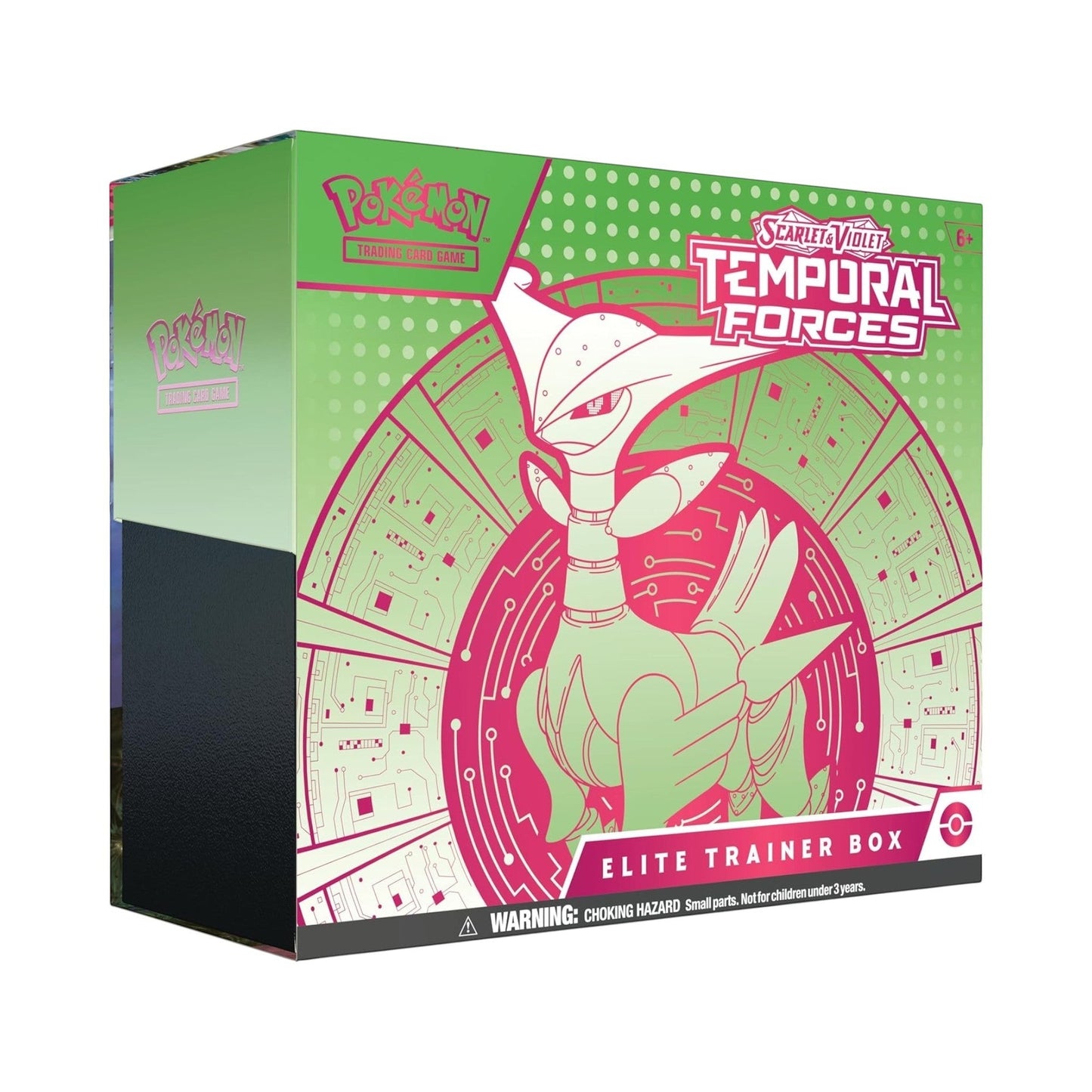 Collectors Pro Shop Caja de Entrenador Élite de Pokémon TCG Temporal Forces, con diseño verde y rosa de Raging Bolt.