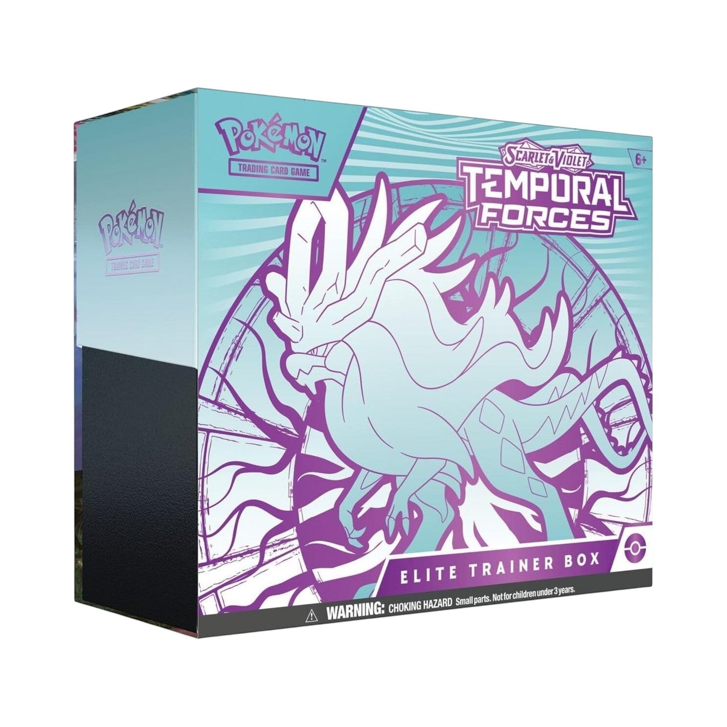 Collectors Pro Shop Caja de Entrenador Élite de Pokémon TCG Temporal Forces, con arte de Pokémon en tonos azul claro y morado.