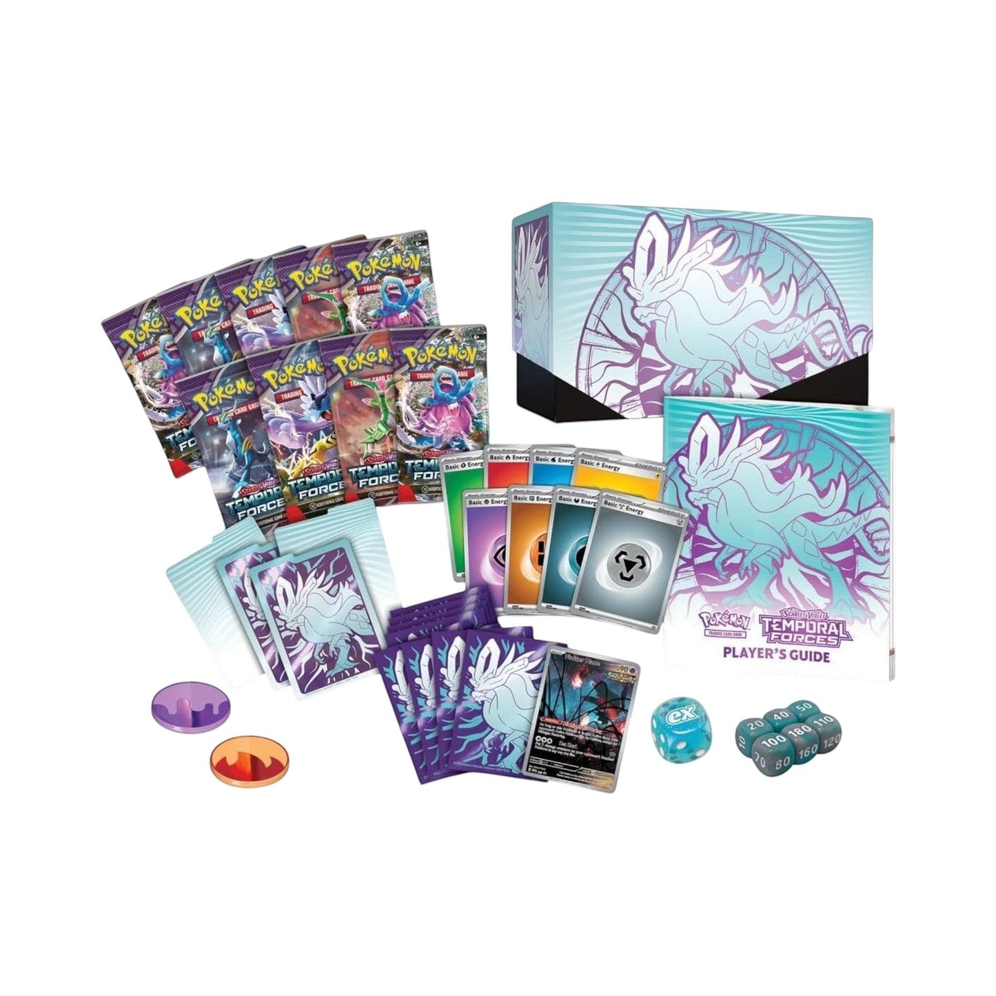 Collectors Pro Shop Caja de Entrenador Élite de Pokémon TCG Temporal Forces en inglés, con sobres, cartas de energía, fundas y accesorios de juego.