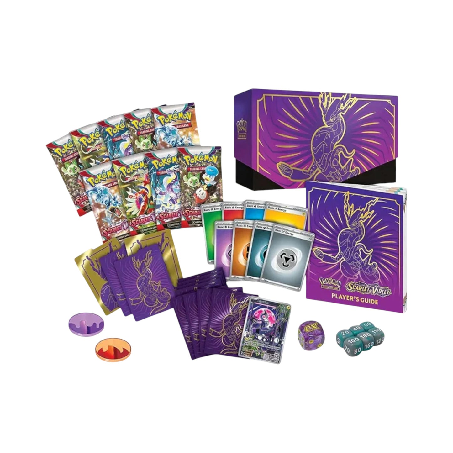 Collectors Pro Shop Scarlet & Violet Elite Trainer Box con 9 sobres, carta promo, fundas, energía, dados y guía del jugador.