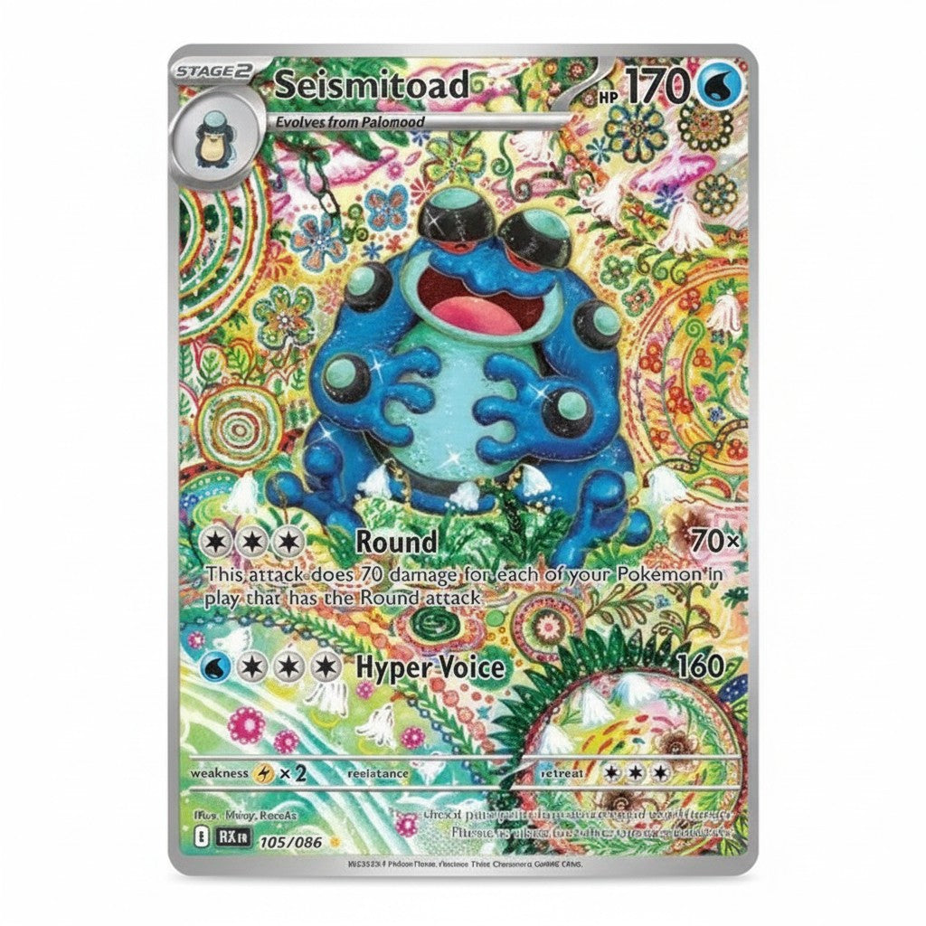 Tarjeta de Pokémon Seismitoad (BLK 105) de Collectors Pro Shop, con un diseño psicodélico y detallado en azul y verde.